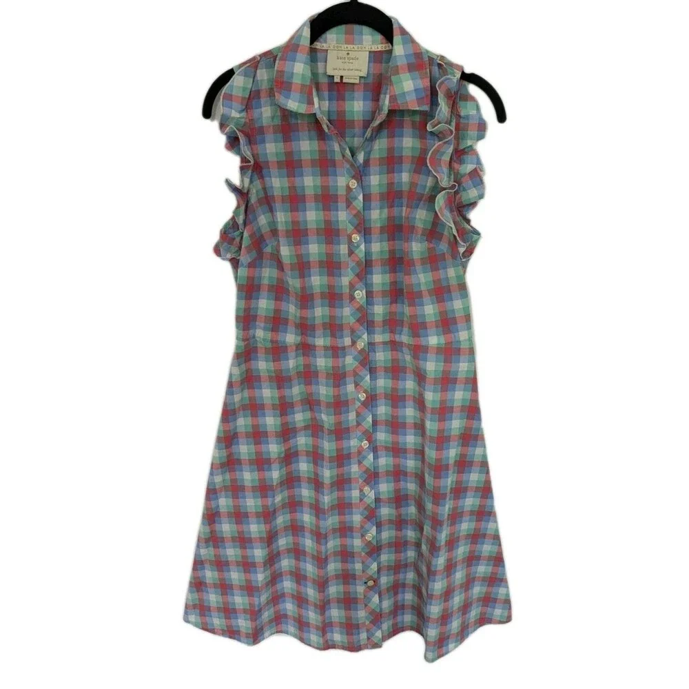 Kate Spade New York Blue & Pink Madras Poplin Shirt Dress, Size 6 100% Cotton